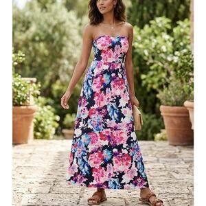 Floral Stretchy Colorful Tube Sun Dress With Pockets Size L Maternity Wedding